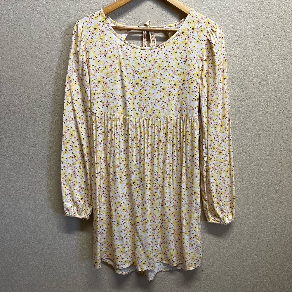 🆕 🛍️3/$15🛍️ Long Sleeve Ditsy Floral Babydoll Mini Dress size XS Yellow